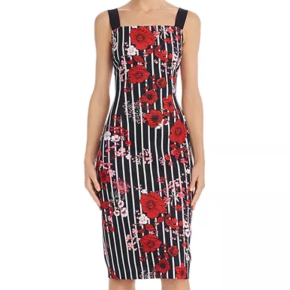 Adrianna Papell Women 10 Striped Floral Printed Sleeveless Scuba Sheath Dress